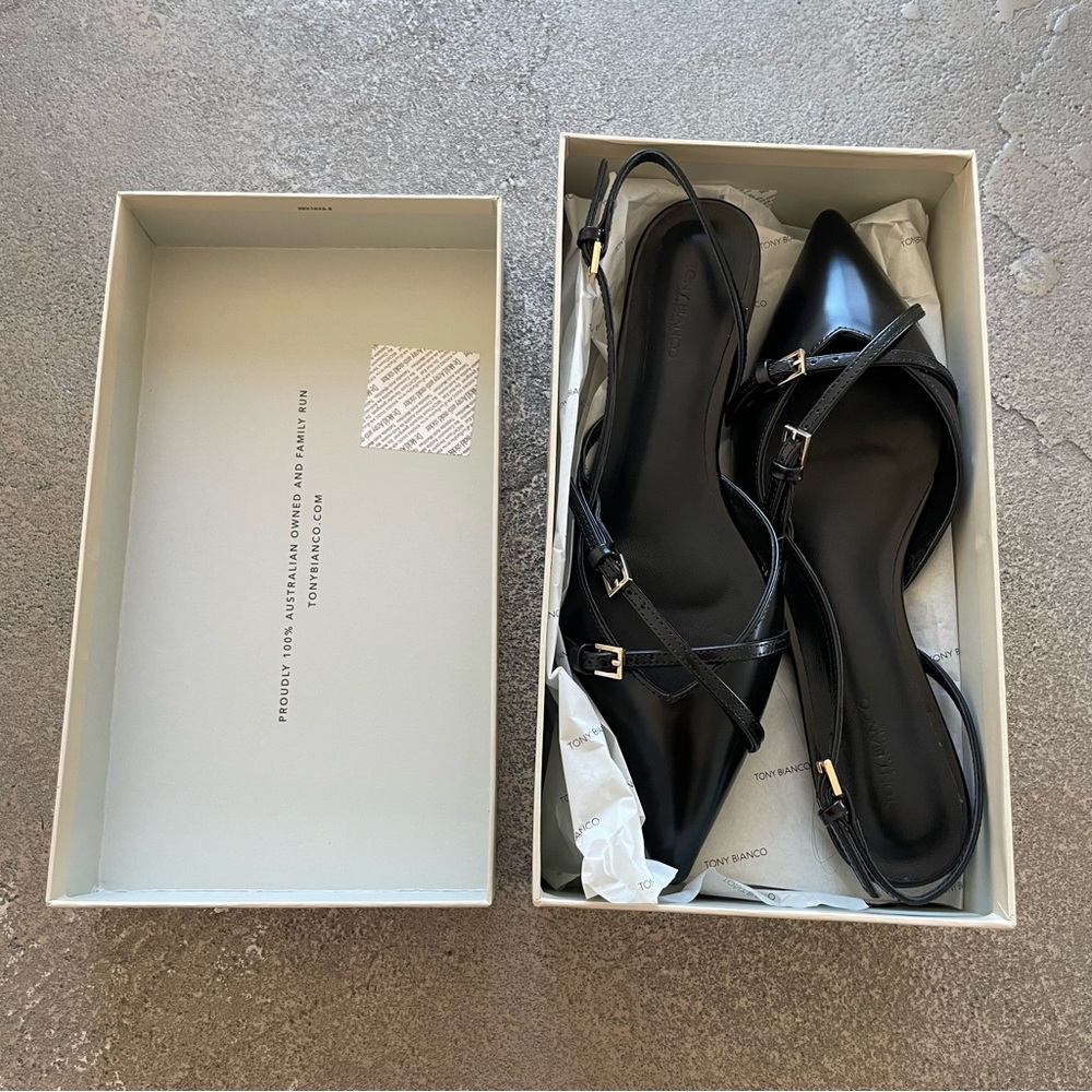 Tony Bianco Black Pointed Slingback Jamo Mule Flats w/ Buckle Straps - Picture 6 of 9